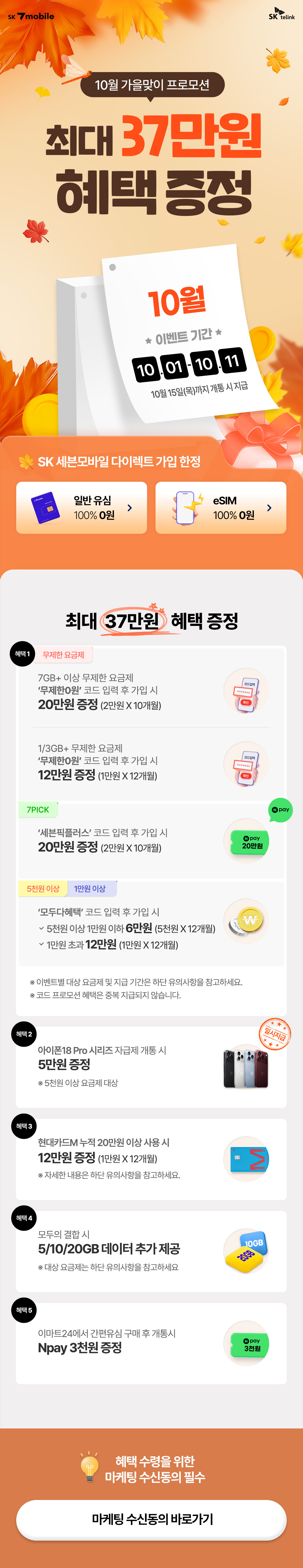 SK 7mobile은 9월 한 달간 최대 25만원 혜택을 제공한다. 무제한·7 PICK·안심·5G 요금제 코드 이벤트와 아이폰18 Pro 자급제 개통 5만원, eSIM 무료 다운로드, 매월 20GB 추가 데이터 및 인터넷 결합 혜택을 함께 마련했다.