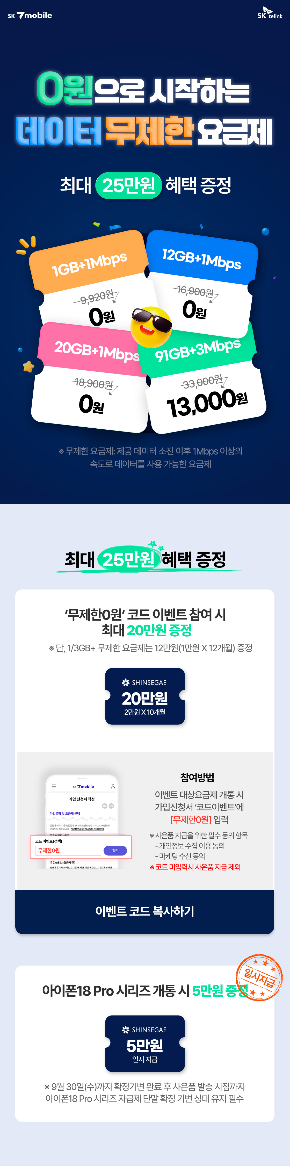 SK 7mobile은 데이터 무제한 요금제 가입 고객에게 최대 25만원 혜택을 제공한다.