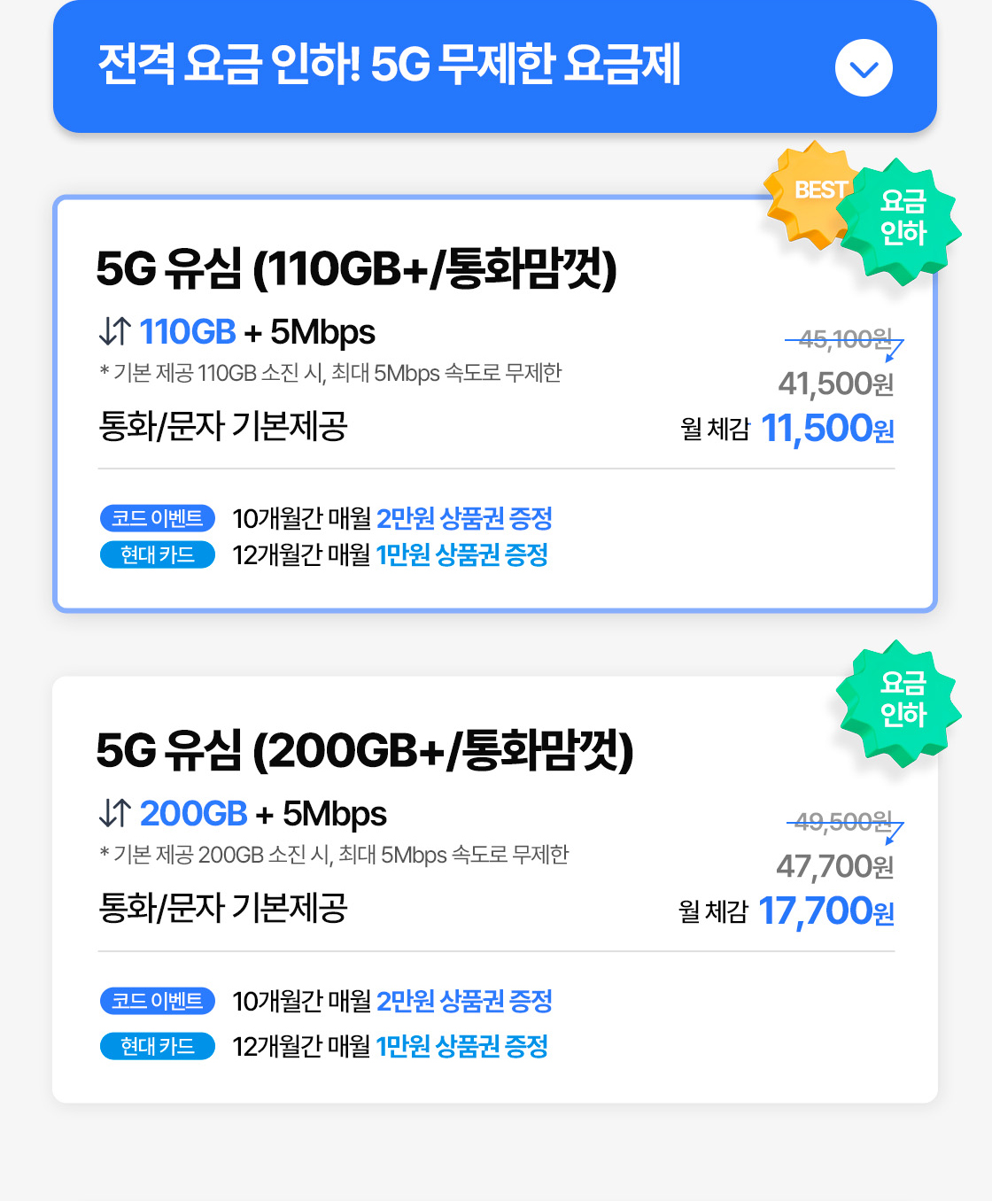 구성되며, 정가 9,920원부터 27,500원까지의 요금이 코드 이벤트와 현대카드 혜택을 더해 모두 월 체감 0원이 된다. 전격 요금 인하한